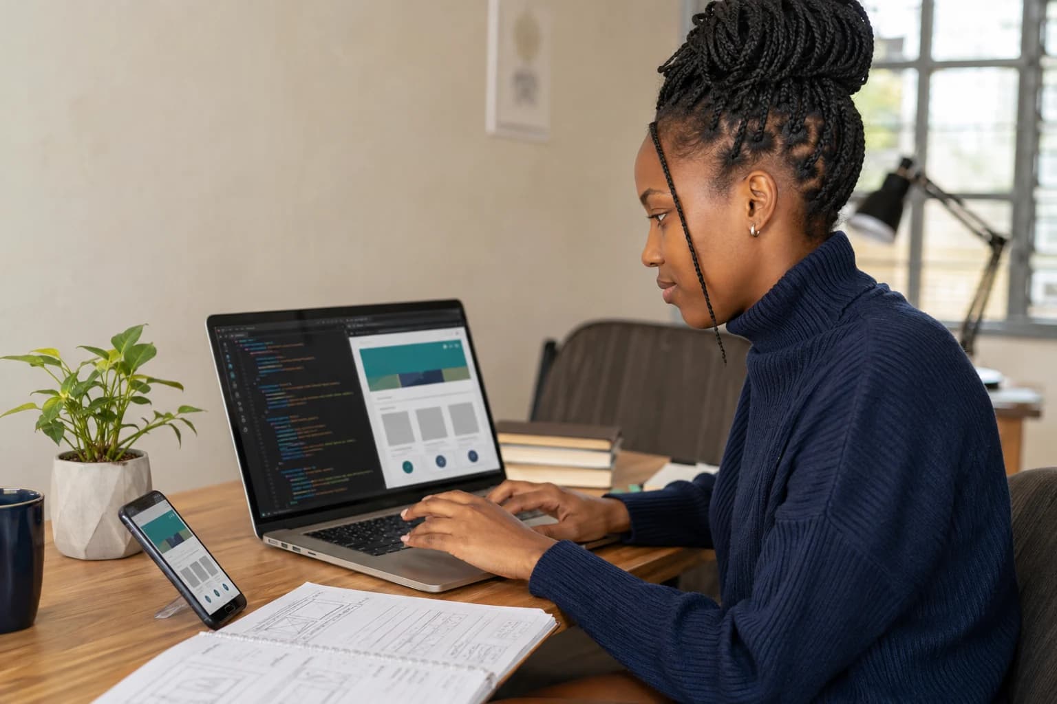 Editorial visualization of an East African learner testing a responsive web project on a laptop and phone