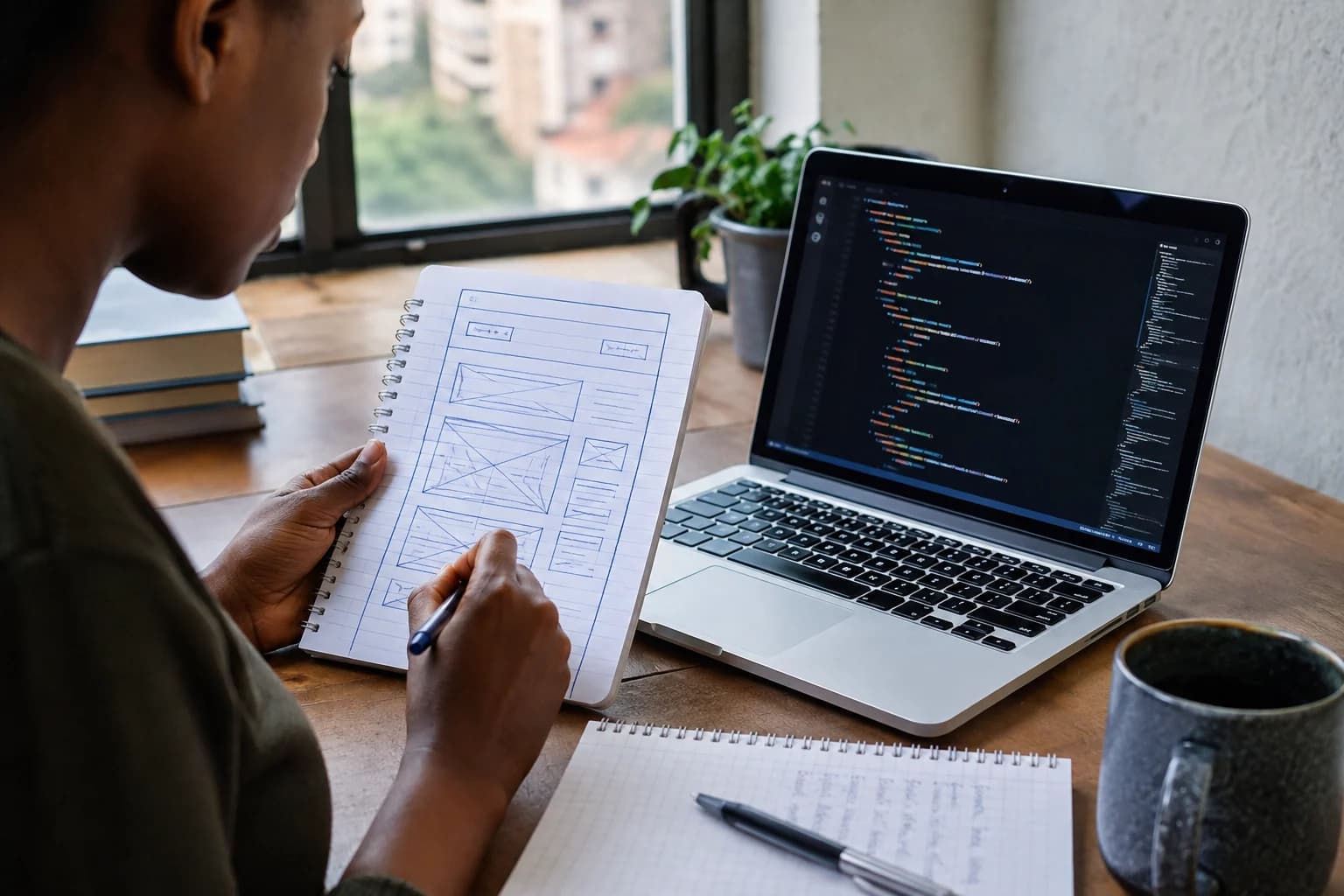 Editorial visualization of a learner comparing a hand-drawn page structure with code on a laptop