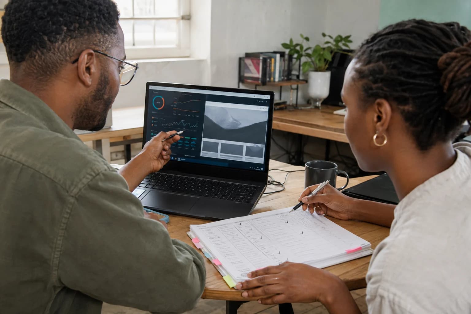 Editorial visualization of two developers reviewing a website and detailed quality checklist