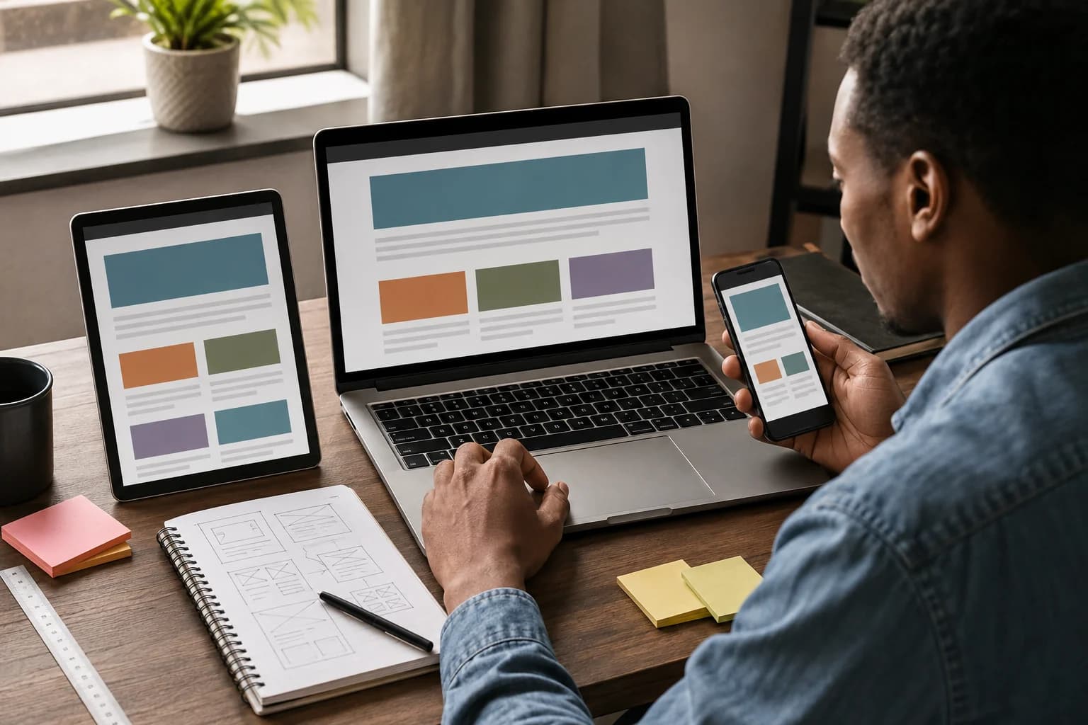 Editorial visualization of the same web layout adapting across tablet, laptop and phone